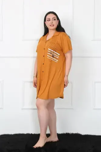 Akbeniz Plus Size Knitted Mustard Tunic Nightgown with Buttons 1025 - 2