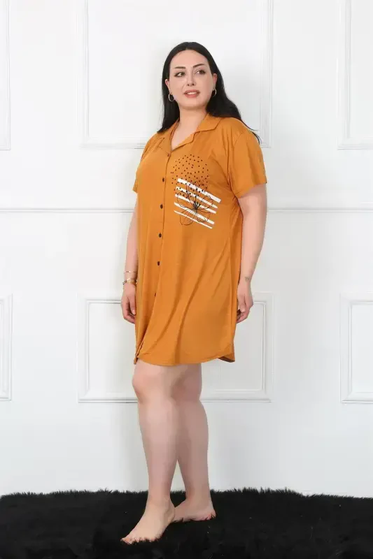 Akbeniz Plus Size Knitted Mustard Tunic Nightgown with Buttons 1025 - 2