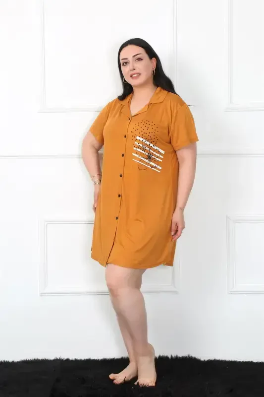 Akbeniz Plus Size Knitted Mustard Tunic Nightgown with Buttons 1025 - 3