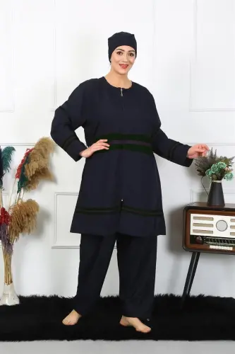 Akbeniz Plus Size Modest Swimsuit 60-62-64-66 Size Navy Blue 55015 - 4