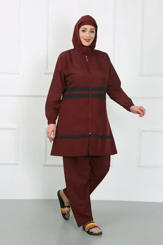 Akbeniz Plus Size Modest Swimsuit Burgundy 44020 - 5