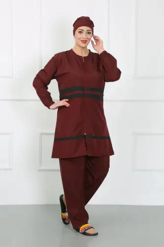 Akbeniz Plus Size Modest Swimsuit Burgundy 44020 - AKBENIZ (1)