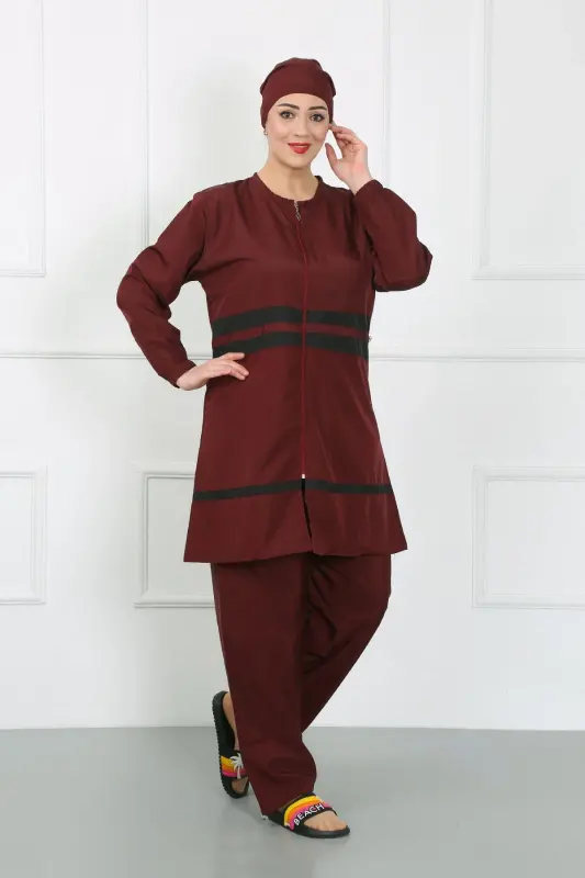 Akbeniz Plus Size Modest Swimsuit Burgundy 44020 - 2