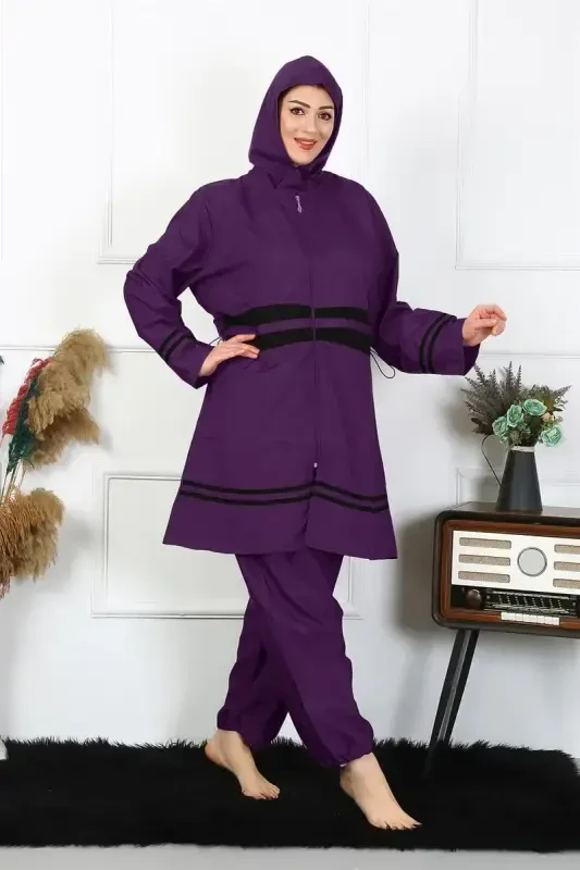 Akbeniz Plus Size Muslim Swimsuit 60-62-64-66 Size Purple 55015 - 1