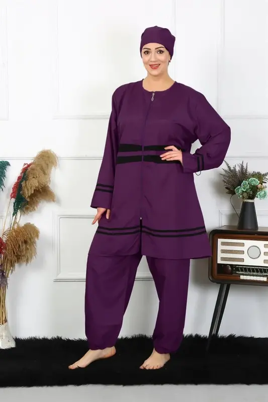 Akbeniz Plus Size Muslim Swimsuit 60-62-64-66 Size Purple 55015 - 2