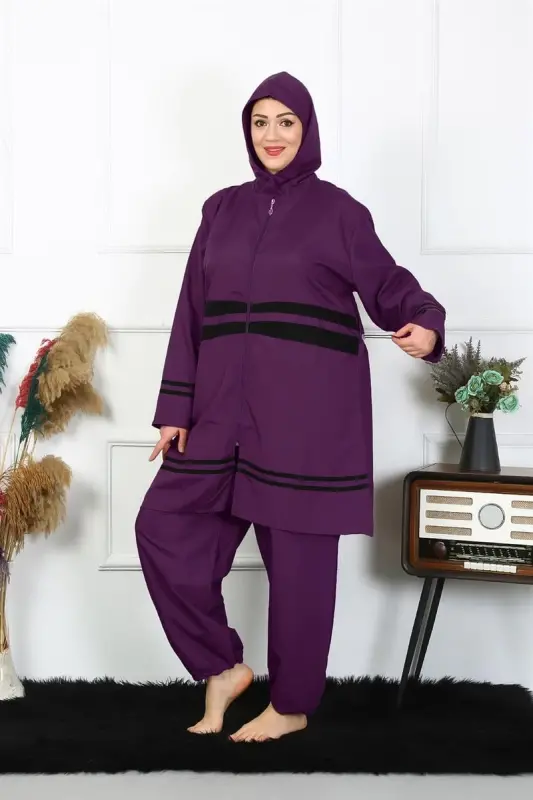 Akbeniz Plus Size Muslim Swimsuit 60-62-64-66 Size Purple 55015 - 4