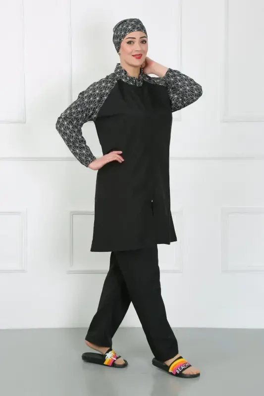 Akbeniz Plus Size Patterned Conservative Swimsuit Black 44030 - 3