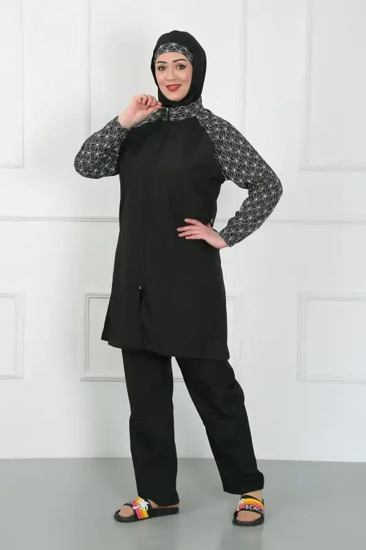 Akbeniz Plus Size Patterned Conservative Swimsuit Black 44030 - 6