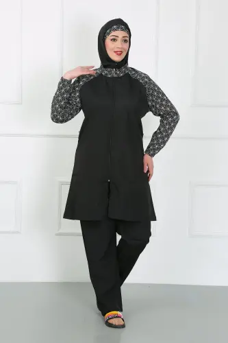 Akbeniz Plus Size Patterned Conservative Swimsuit Black 44030 - AKBENIZ (1)