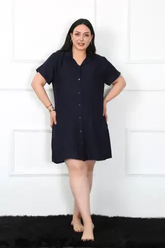 Akbeniz Plus Size Woven Buttoned Navy Tunic Nightgown 1022 