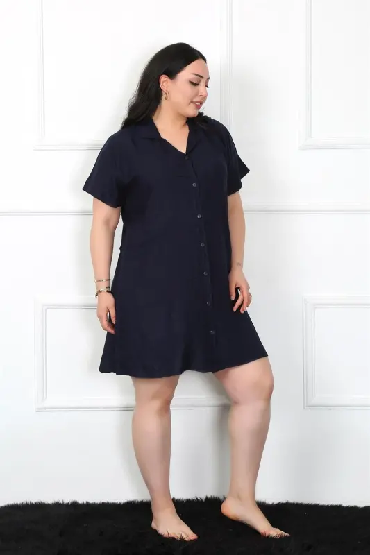 Akbeniz Plus Size Woven Buttoned Navy Tunic Nightgown 1022 - 3