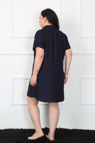 Akbeniz Plus Size Woven Buttoned Navy Tunic Nightgown 1022 - 4