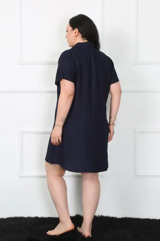 Akbeniz Plus Size Woven Buttoned Navy Tunic Nightgown 1022 - 4
