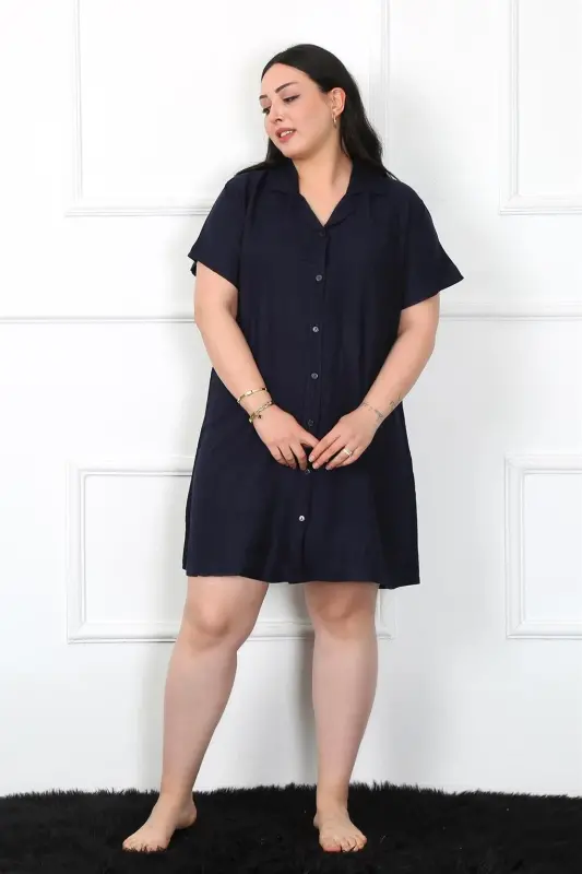 Akbeniz Plus Size Woven Buttoned Navy Tunic Nightgown 1022 - 2