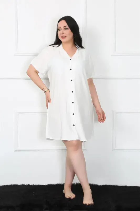Akbeniz Plus Size Woven Buttoned White Tunic Nightgown 1022 - 2