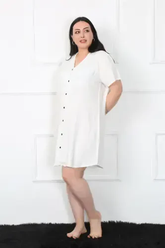 Akbeniz Plus Size Woven Buttoned White Tunic Nightgown 1022 - 3