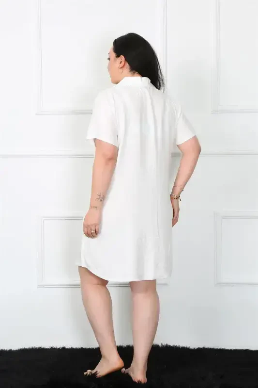 Akbeniz Plus Size Woven Buttoned White Tunic Nightgown 1022 - 4