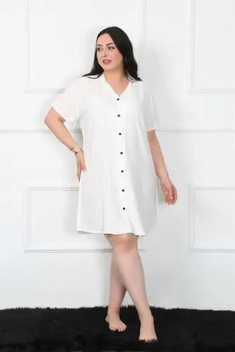 Akbeniz Plus Size Woven Buttoned White Tunic Nightgown 1022 - AKBENIZ (1)