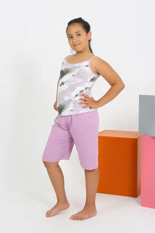 Akbeniz Qiz Bola Ip Bog'li Shortikli Penye Binafsha Pijama To'plami 20430 - 3