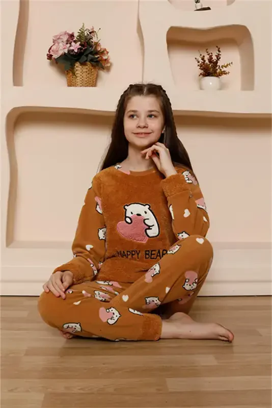 Akbeniz Qiz Bola WelSoft Polar Sutli Qahva Pijama To'plami 20523 - 1