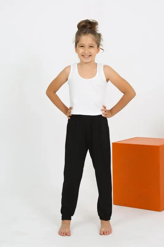 Akbeniz Qiz Bola Yengsiz Oq Paxta Pijama Kostyumi 20433 - 4