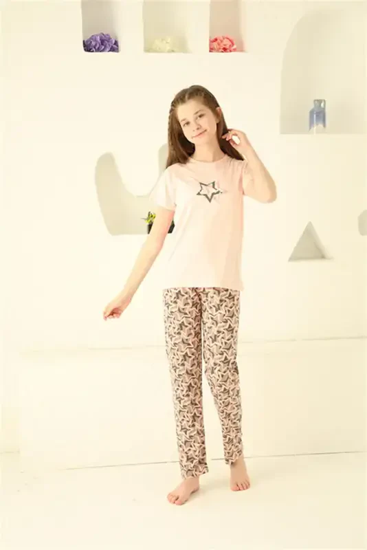 Akbeniz Qiz Bolalar Paxta Qisqa Yengli Pijama To'plami 20364 - 1