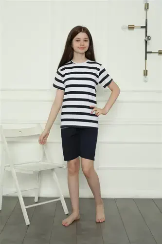 Akbeniz Qiz Bolalar Paxtalik Shortikli Pijama To'plami 20406 - 1