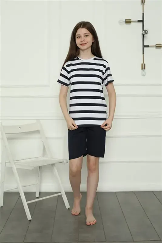 Akbeniz Qiz Bolalar Paxtalik Shortikli Pijama To'plami 20406 - 2