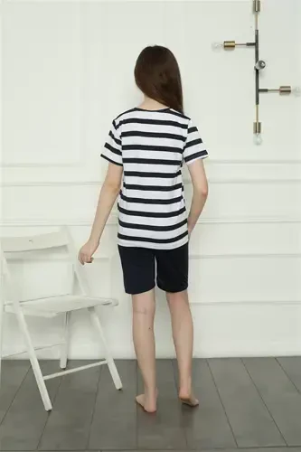 Akbeniz Qiz Bolalar Paxtalik Shortikli Pijama To'plami 20406 - 4