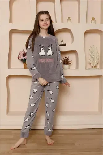 Akbeniz Qiz Bolalar WelSoft Polar Kulrang Pijama To'plami 20524 - 3