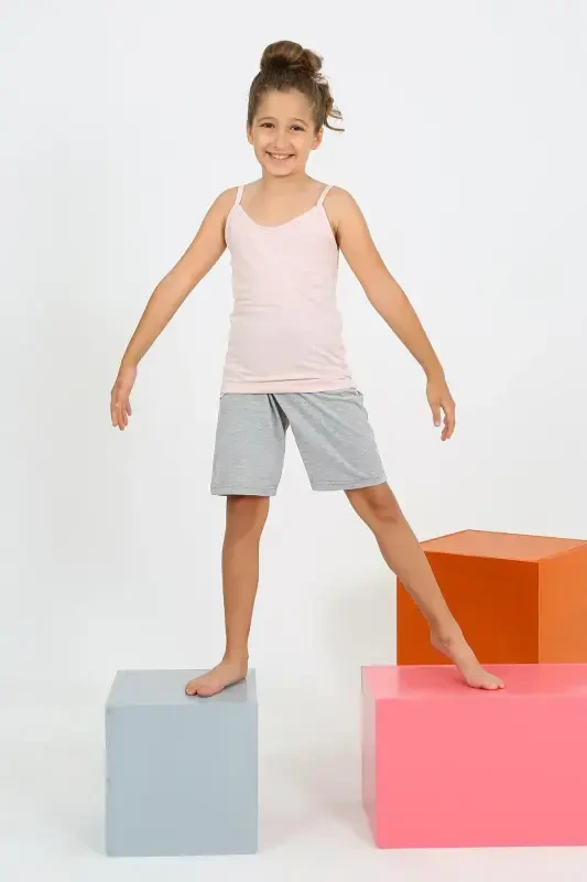 Akbeniz Qizlar Bolali Iplar Yelkali Shorti Penye Pushti Pijama To'plami 20430 - 1