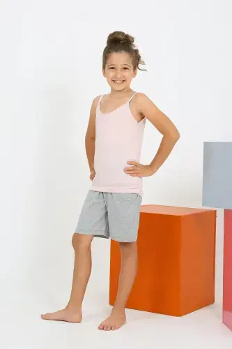 Akbeniz Qizlar Bolali Iplar Yelkali Shorti Penye Pushti Pijama To'plami 20430 - Modazone (1)