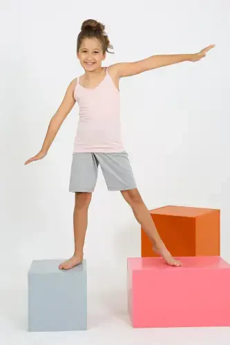 Akbeniz Qizlar Bolali Iplar Yelkali Shorti Penye Pushti Pijama To'plami 20430 - 3