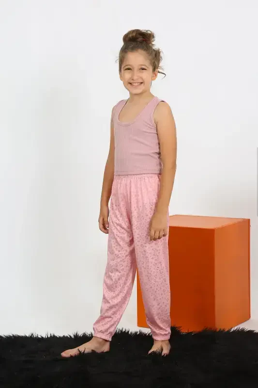 Akbeniz qizlar uchun sıfır qoʻlli pushti rangli penye pijama toʻplami 20433 - 3