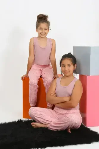 Akbeniz qizlar uchun sıfır qoʻlli pushti rangli penye pijama toʻplami 20433 - 5