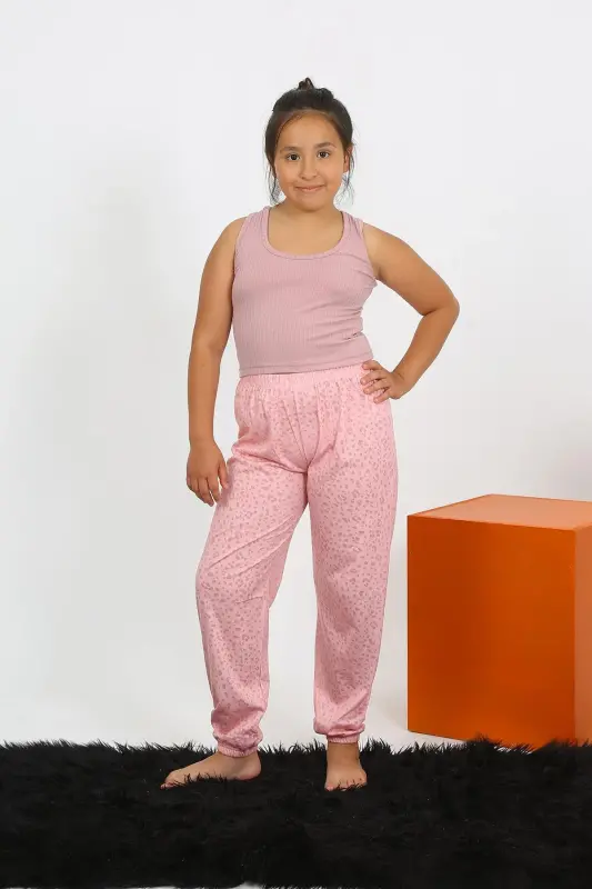 Akbeniz qizlar uchun sıfır qoʻlli pushti rangli penye pijama toʻplami 20433 - 1