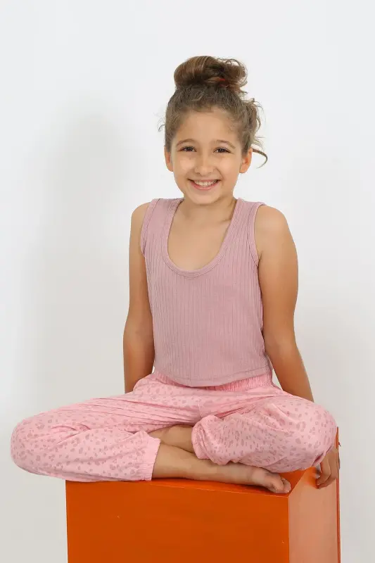 Akbeniz qizlar uchun sıfır qoʻlli pushti rangli penye pijama toʻplami 20433 - 7