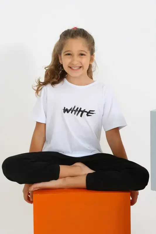 Akbeniz Qizlarning qisqa qo'lli oq rangli paxtadan tikilgan piжаma to'plami 20432 - 3