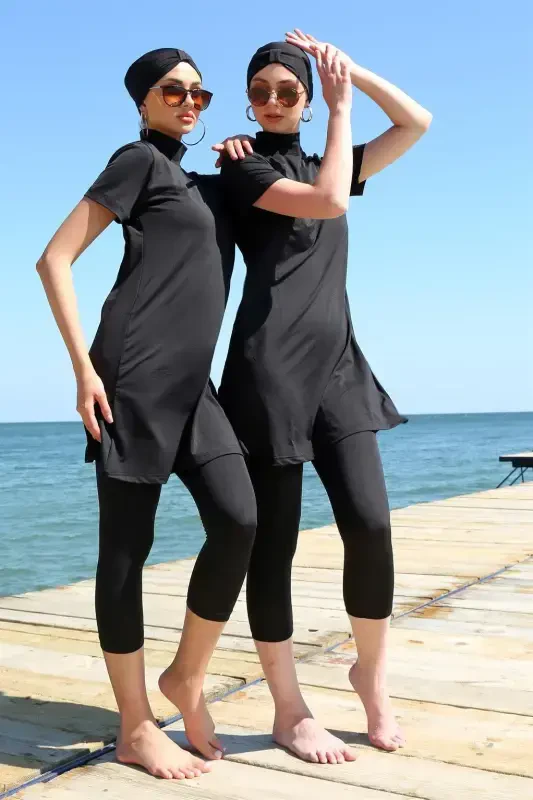 Akbeniz Short Sleeve Black Half Covered Burkini Swimsuit 33015 - 1