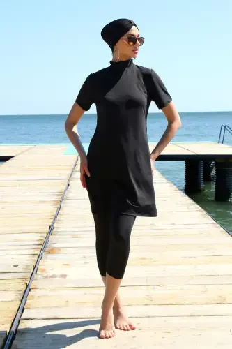 Akbeniz Short Sleeve Black Half Covered Burkini Swimsuit 33015 - 2