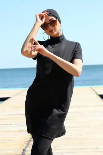 Akbeniz Short Sleeve Black Half Covered Burkini Swimsuit 33015 - 3