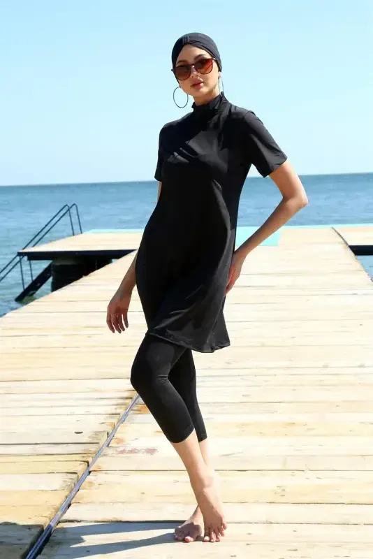 Akbeniz Short Sleeve Black Half Covered Burkini Swimsuit 33015 - 4