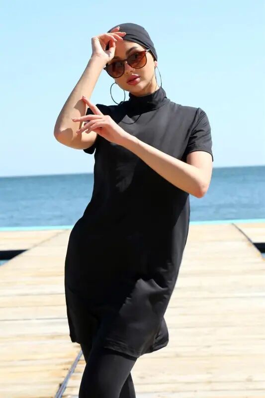 Akbeniz Short Sleeve Black Half Covered Burkini Swimsuit 33015 - 3