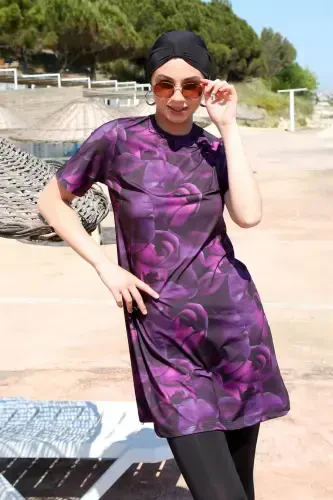 Akbeniz Short Sleeve Rose Detailed Half Burkini Swimsuit 33014 - AKBENIZ (1)