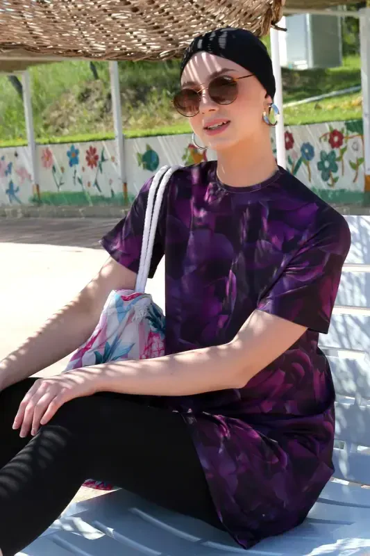 Akbeniz Short Sleeve Rose Detailed Half Burkini Swimsuit 33014 - 3