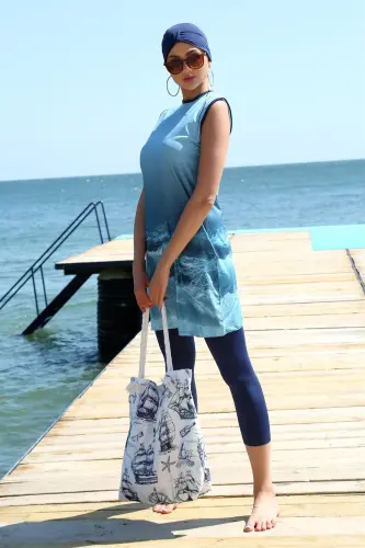 Akbeniz Sıfır Kol Desenli Yarım Tesettür Mayo 33009 - 2