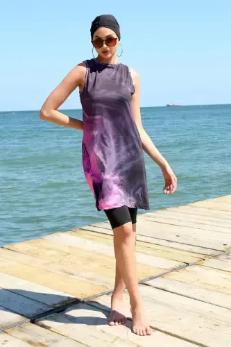 Akbeniz Sleeveless Patterned Half Burkini Swimsuit 33011 - 1
