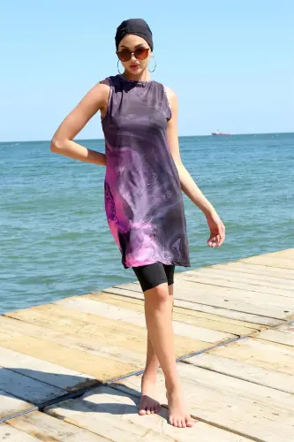 Akbeniz Sleeveless Patterned Half Burkini Swimsuit 33011 - 1