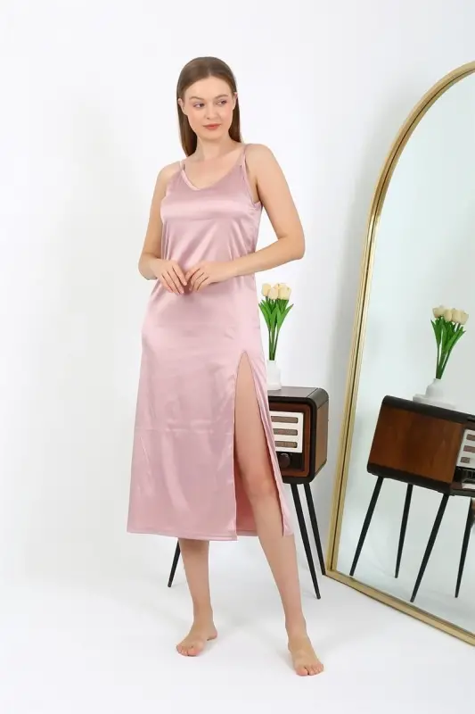 Akbeniz Slit Detail Long Satin Nightdress Powder 7410 - 1