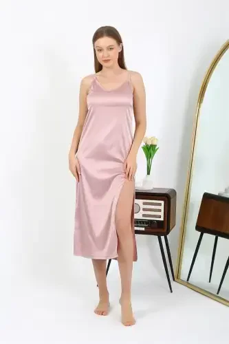 Akbeniz Slit Detail Long Satin Nightdress Powder 7410 - 2